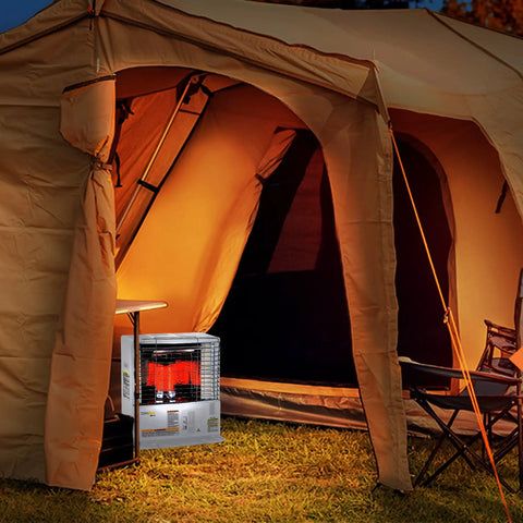 HeatMate Portable Kerosene Heater For Indoor And Outdoor Use 10000 BTU Cordless Space Heater outside tent providing warmth