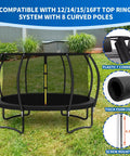Rock Solid Built Tough Trampoline Enclosure Curved Replacement Poles With Thick Cushioned Foam Padding And All Mounting Hardware Fits Top Ring Net Systems, 8 curved poles in backyard trampoline setup.
