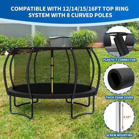 Rock Solid Built Tough Trampoline Enclosure Curved Replacement Poles With Thick Cushioned Foam Padding And All Mounting Hardware Fits Top Ring Net Systems, 8 curved poles in backyard trampoline setup.