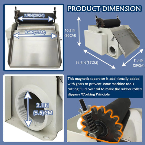 Dimensions and features of Magnetic Coolant Separator For Grinding Fluids And Emulsions, 110V 60Hz 25W Magnetic Filter