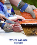 Stainless Steel Mesh Cut Resistant Glove ANSI A9 in use for meat and fish cutting with blue wrist closure in kitchen setting.