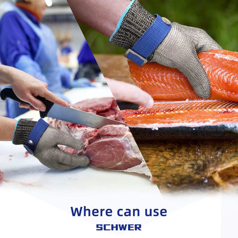 Stainless Steel Mesh Cut Resistant Glove ANSI A9 in use for meat and fish cutting with blue wrist closure in kitchen setting.