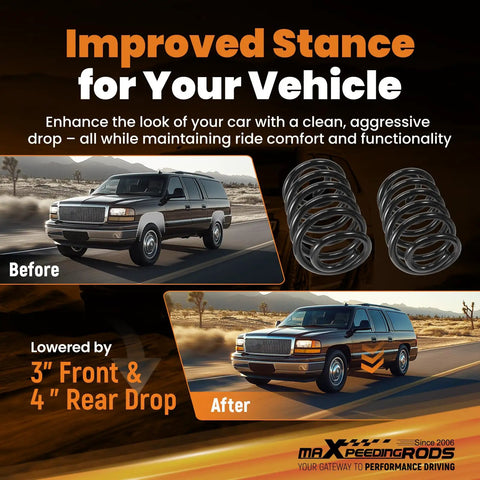 Before and after images of 2000-2006 GM SUV with 3 Inch Front And 4 Inch Rear Drop Kit For 2000-2006 GM Tahoe Suburban Avalanche Yukon XL Escalade With Torsion Keys Front End Drop Coil Springs For 2WD 4WD AWD