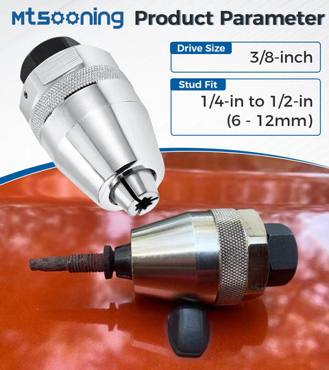 Damaged Bolt And Stud Extractor Tool Set For One Quarter To One Half Inch Studs With Three Eighths Inch Drive Grips And Removes Rounded Off Broken Rusted Painted Over Bolts Beast Stud Remover For Six To Twelve Mm, showing extractor close-up with 3/8-inch drive.