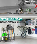 Heavy Duty Garden Tool Organizer Stand With Lockable Wheels Giant 36.25 Inch Long 15.75 Inch Wide 37.25 Inch Tall Storage Rack For Long Handled Tools Rakes Brooms And Yard Gear For Garage Or Shed organizing tools in a garage.