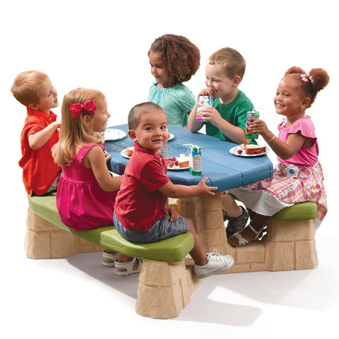 Naturally Playful Kids Picnic Table With Removable Umbrella, seats six children, durable plastic, blue and green, toddlers