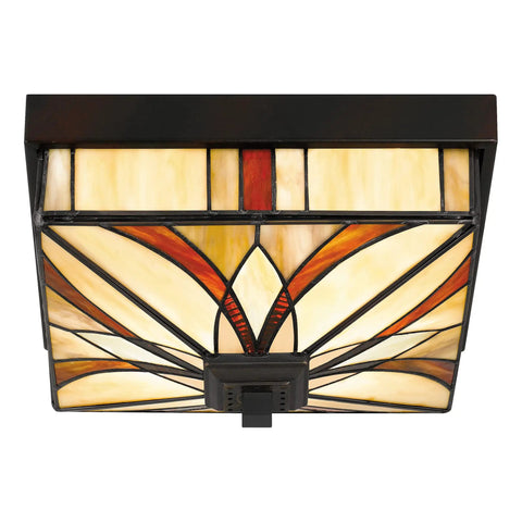 Finley Two Light Valiant Bronze Flush Mount With Multicolored Tiffany Glass Shade for traditional hallways, ceiling view
