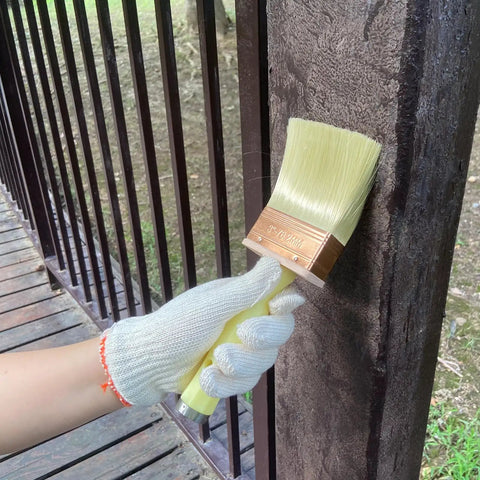 Person using 3 Inch Deck Stain Brush 2 Pack For Staining Wood Walls And Fences With Premium Polyester Bristles Thick Bristles For Rough Surfaces