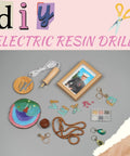 Flat lay of Electric Resin Drill Set With Premium Wooden Body Handheld Jewelry Drill For Resin Art And DIY Crafts on gray background