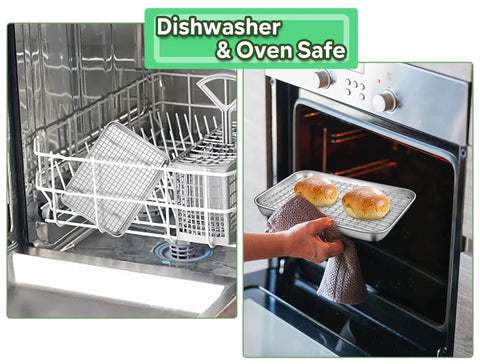 Toaster Oven Pan With Rack Set 9 Inch By 7 Inch By 1 Inch Stainless Steel Compact Baking Pan With Mini Cooling Grid Rack in dishwasher and oven