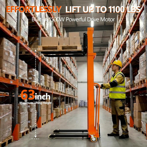 Heavy Duty Electric Pallet Stacker With 1500 Lbs Load Capacity And 65 Inch Lift Height For Warehouse And Factory Use with 63-inch height in a busy warehouse.