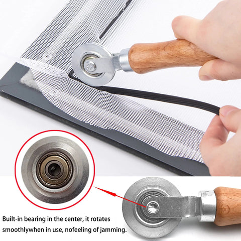 BAYTORY 3-piece window screen spline roller tool with wooden handle and steel/nylon bearing wheels
