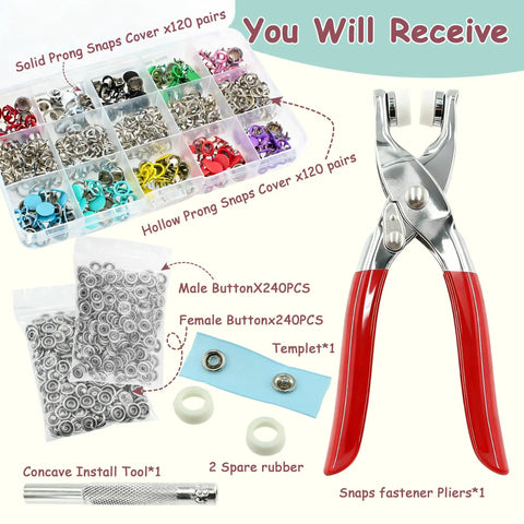 Metal Snap Buttons Kit 960 Pcs Multicolor Hollow And Solid Snaps With Pliers And Press Tool For Bags And Clothes DIY Crafts
