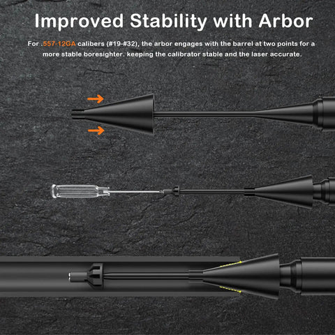 Diagram showing Pro Grade Red Laser Bore Sight Kit with 32 Adapters for Calibers from 0.17 HMR Up to 12 GA with arbor engagement.
