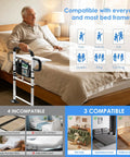 Heavy Duty Bed Rail For Elderly Safety With Dual Handles next to bed, compatible with multiple bed sizes displayed beside older man.