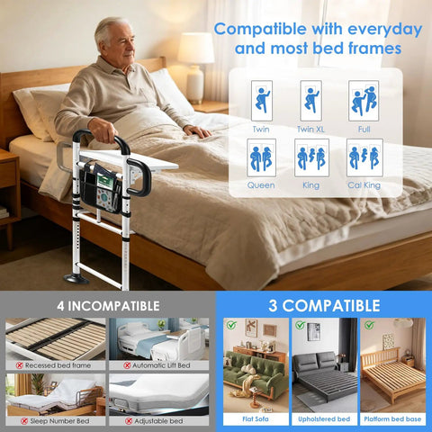Heavy Duty Bed Rail For Elderly Safety With Dual Handles next to bed, compatible with multiple bed sizes displayed beside older man.
