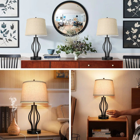Two Pack Touch Control 3-Way Dimmable Table Lamps With USB Ports, 22 Inch Modern Bedside Lamps, Beige Fabric Shade in home settings