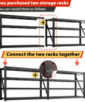 Beefy 8000 Lbs Capacity Garage Shelving System, 77 Inch Wide Heavy Duty Industrial Shelves, 2000 Lbs Per Shelf, Built Tough With Crossbeams And Steel Mesh For Maximum Load And Ultra Organized Space. Two black steel garage racks connected side by side
