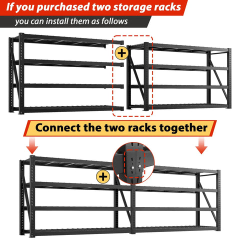 Beefy 8000 Lbs Capacity Garage Shelving System, 77 Inch Wide Heavy Duty Industrial Shelves, 2000 Lbs Per Shelf, Built Tough With Crossbeams And Steel Mesh For Maximum Load And Ultra Organized Space. Two black steel garage racks connected side by side