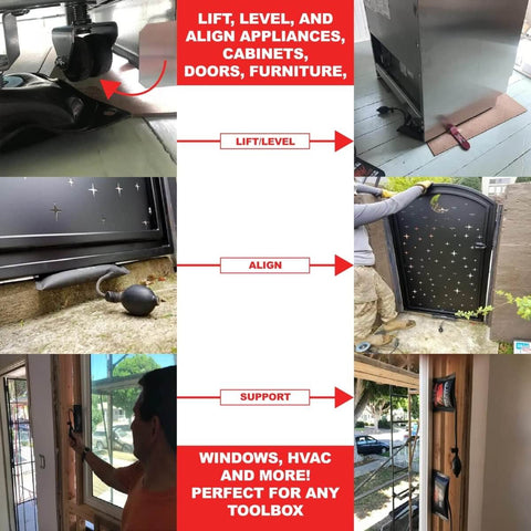 Air Wedge Bag Pump Set Pro Grade Leveling Kit in use for lifting doors, windows, and appliances.
