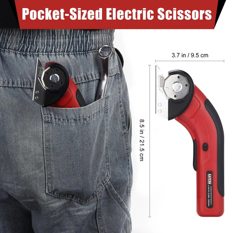 Katerk Cordless Electric Cardboard Cutter 4.4V High Torque Scissors in pocket, compact design for easy storage and use.