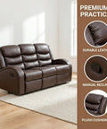 Comfy Leather Recliner Sofa Set 3 Piece Living Room Furniture Sectional With Manual Recliners Couch Family Room Home Theater Seating Brown Leather Loveseat Chair, shown in brown leather with manual reclining.
