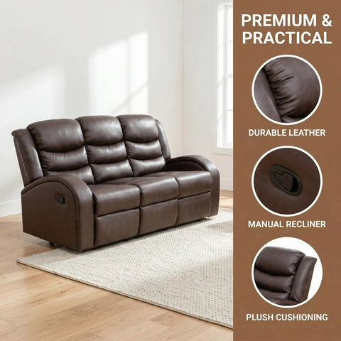 Comfy Leather Recliner Sofa Set 3 Piece Living Room Furniture Sectional With Manual Recliners Couch Family Room Home Theater Seating Brown Leather Loveseat Chair, shown in brown leather with manual reclining.