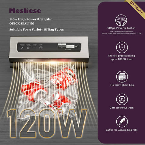Six In One Vacuum Sealer For Dry And Moist Modes Includes Two Roll Bags And Five Pre Cut Bags Powerful 90KPa Suction Keeps Food Fresh Ten Times Longer And Saves You Serious Money Game Changing Kitchen Must Have, showing vacuum sealed bag with red items and control panel on grey surface.