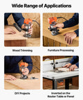 Heavy Duty Rock Solid 1 HP Wood Router 710W Variable Speed Palm Router With Soft Start Fixed Base And Quarter Inch Collet For Knockout Cuts And Easy DIY Workshop Tasks Corded Finish used for wood trimming and furniture processing.