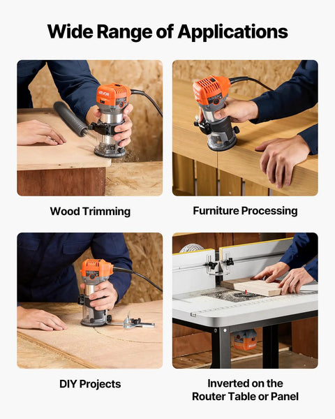 Heavy Duty Rock Solid 1 HP Wood Router 710W Variable Speed Palm Router With Soft Start Fixed Base And Quarter Inch Collet For Knockout Cuts And Easy DIY Workshop Tasks Corded Finish used for wood trimming and furniture processing.