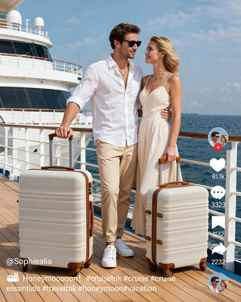 Luggage set: two beige ABS+PC hardshell suitcases with brown trim and spinner wheels on a cruise deck.