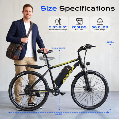 Man standing beside Beast 750W Peak Electric Mountain Bike With 48V Battery And 22 MPH Top Speed, 26 Inch Black And Yellow, size specs.