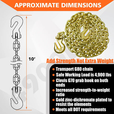 Diagram and photo of G80 Grade 80 Transport Binder Chain 5 16 Inch By 10 Foot With Clevis Grab Hooks 4900 Lbs Safe Working Load