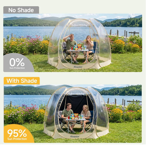 Sun Shade Sail Set For Screen House And Bubble Tent That Blocks 95 Percent Of UV With Durable Oxford Fabric Trapezoid 38 By 50 By 57 Inch Fit 3 Pack In Black For Outdoor Backyard Use installed on Alvantor bubble tent.