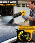 Man using Beast Cordless Leaf Blower For DeWalt 20V Batteries Tool Only No Battery Included on car hood