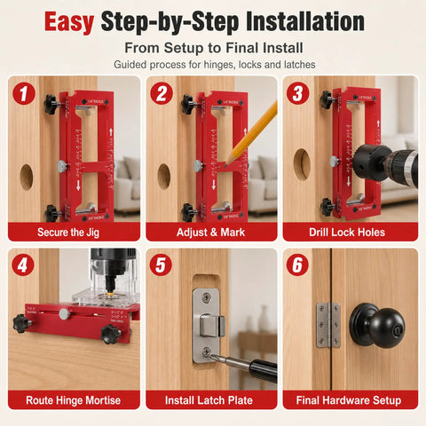 Heavy Duty Door Hinge Jig Kit Featuring Sturdy Aluminum Template For Quick Hinge Mortising And No Sweat Deadbolt Setup On Most Popular Household Doors installation steps.
