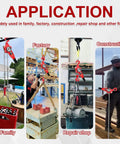 Collage of red manual lever chain hoist 1/2 ton, 10 ft lift, shown in factory, repair shop, construction and home settings.