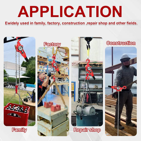 Collage of red manual lever chain hoist 1/2 ton, 10 ft lift, shown in factory, repair shop, construction and home settings.