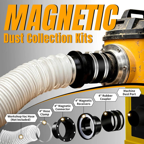 Rock Solid 4 Inch Magnetic Dust Collection Quick Connect Kit With Insane 4000Gs Neodymium Grip And Butter Smooth One Second Quick Release For Busy Woodworking Shops, showing 4" hose and connectors.