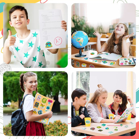 Collage of students using Geography Sticker Set With 200 Pieces And 100 Unique Designs For Teachers, Students, And Map Lovers