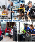 People working with 3D printers and industrial robots in a workshop environment.
