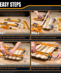 Heavy Duty Four Way Pressure 16 Inch Panel Clamps Set Of 4 Plus Two Storage Racks shown in four step assembly guide.