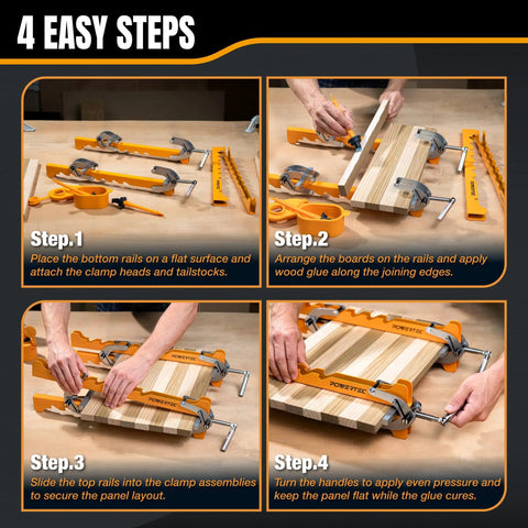 Heavy Duty Four Way Pressure 16 Inch Panel Clamps Set Of 4 Plus Two Storage Racks shown in four step assembly guide.