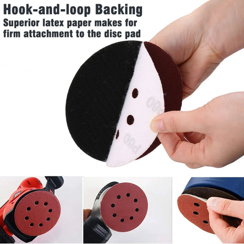 Close-up of 110 Pack 5 Inch 8 Hole Sanding Discs Set With Hook And Loop Aluminum Oxide Pads, shown with random orbital sanders.