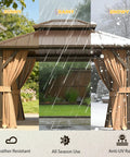10x12 Hardtop Gazebo With Aluminum Frame And Metal Roof in all weather conditions, features curtains and netting for outdoor use