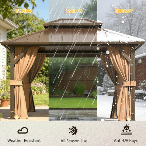 10x12 Hardtop Gazebo With Aluminum Frame And Metal Roof in all weather conditions, features curtains and netting for outdoor use