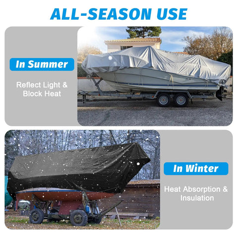 Heavy Duty 16 Mil Waterproof Tarp 10x10 Feet for Outdoor Use covering a boat in summer and winter conditions