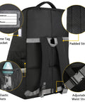 Close-up of padded car seat travel bag, highlighting name tag pocket, padded straps, and adjustable waist strap, black nylon.
