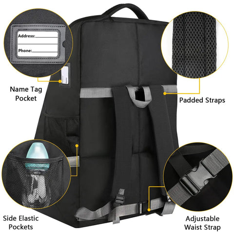 Close-up of padded car seat travel bag, highlighting name tag pocket, padded straps, and adjustable waist strap, black nylon.