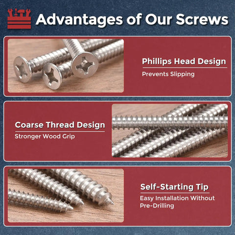 Diagram highlighting Stainless Steel Wood Screws Set 160 Pcs Phillips Flat Head Self Tapping Countersunk Screws In ST3x20/25/30/40 And ST4x20/25/30/40 Mm Rust Resistant 304 advantages